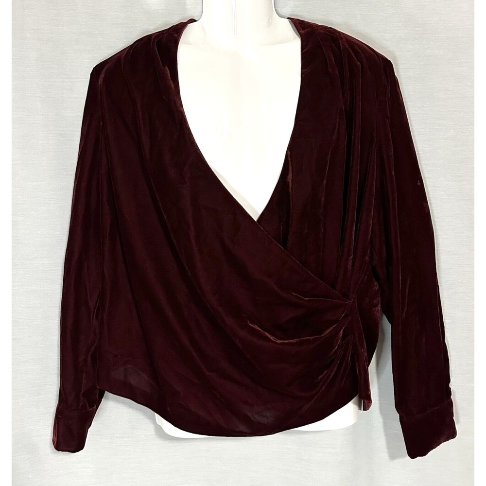 Lauren Ralph Lauren Shirt Blouse Womens Size 16 Red Plum Pleated Velvet Surplice